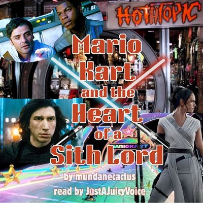 Image of Star Wars characters Rey, Kylo Ren, Finn, and Poe over lightsabers, Hoth Topic, and Mario Kart. Also title and creators written